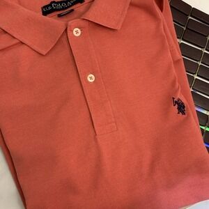 US Polo Assn Mens‎ Short Sleeve 1/4 Button Collar Pink Salmon Men's Polo Sz 2XL